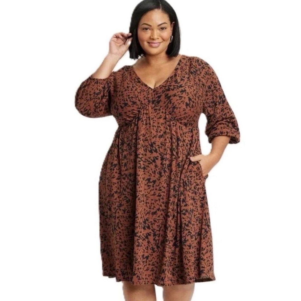 NWT Ava & Viv XXL Brown Blk Abstract Print Empire Waist Midi Dress Boho Academia